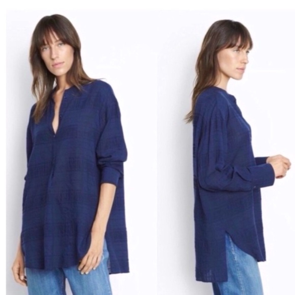 Vince Shadow Plaid Shirred Back Tunic, EUC, size small, navy
